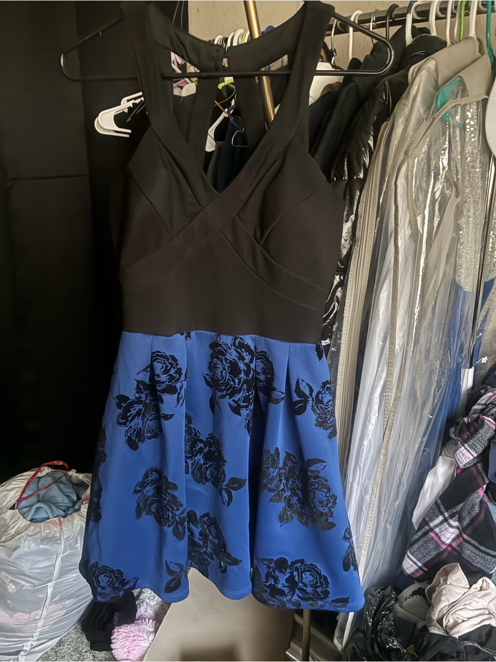 Crystal Doll Black and Blue Floral Mini Dress